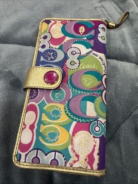Coach Multicolor Circular Print Zip Phone Case with Gold Trim